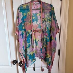 Nine West Pink and Blue Sheer boho floral Kimono One Size Excellent Condition